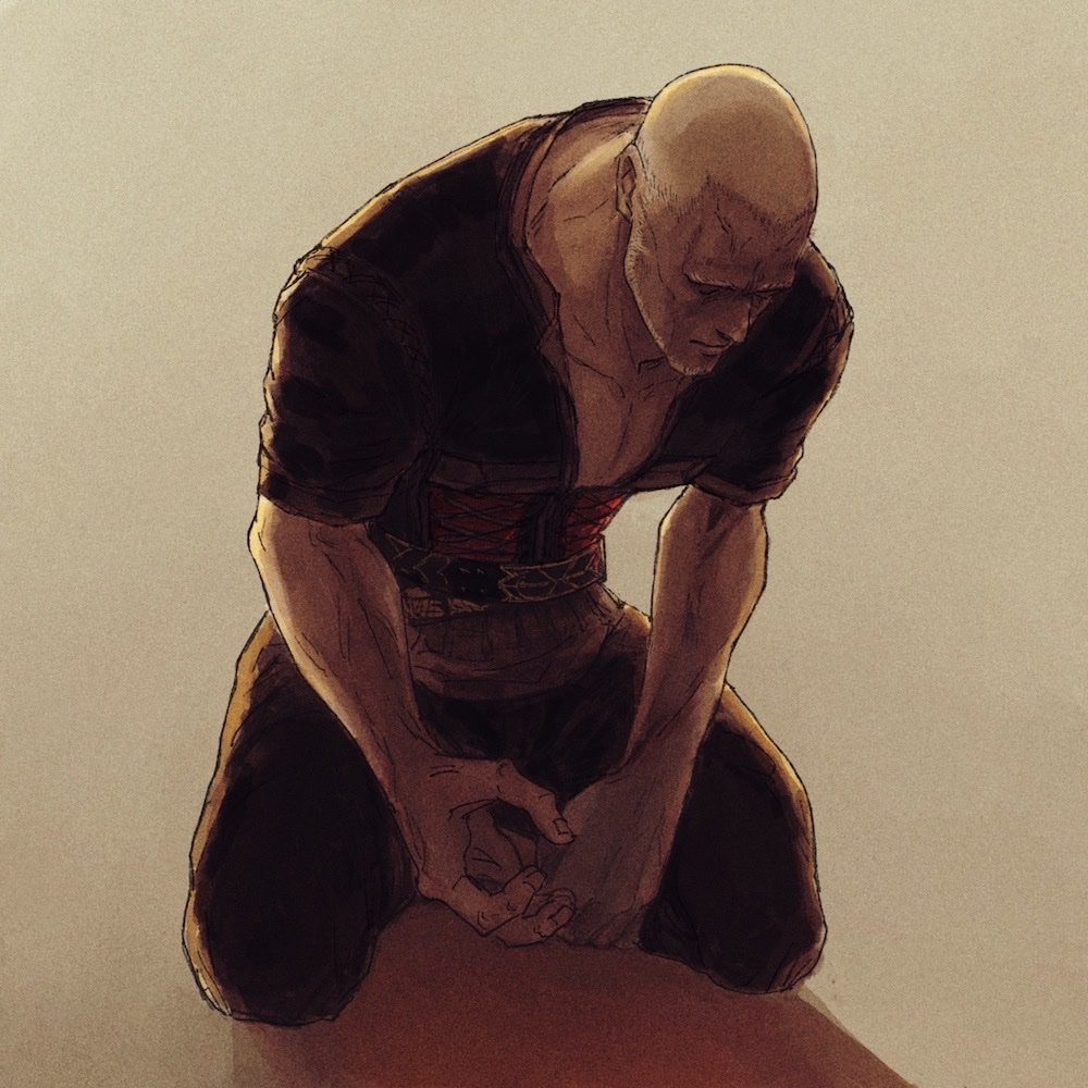 1boy, beard, belt, black_pants, black_shirt, closed_eyes, closed_mouth, collarbone