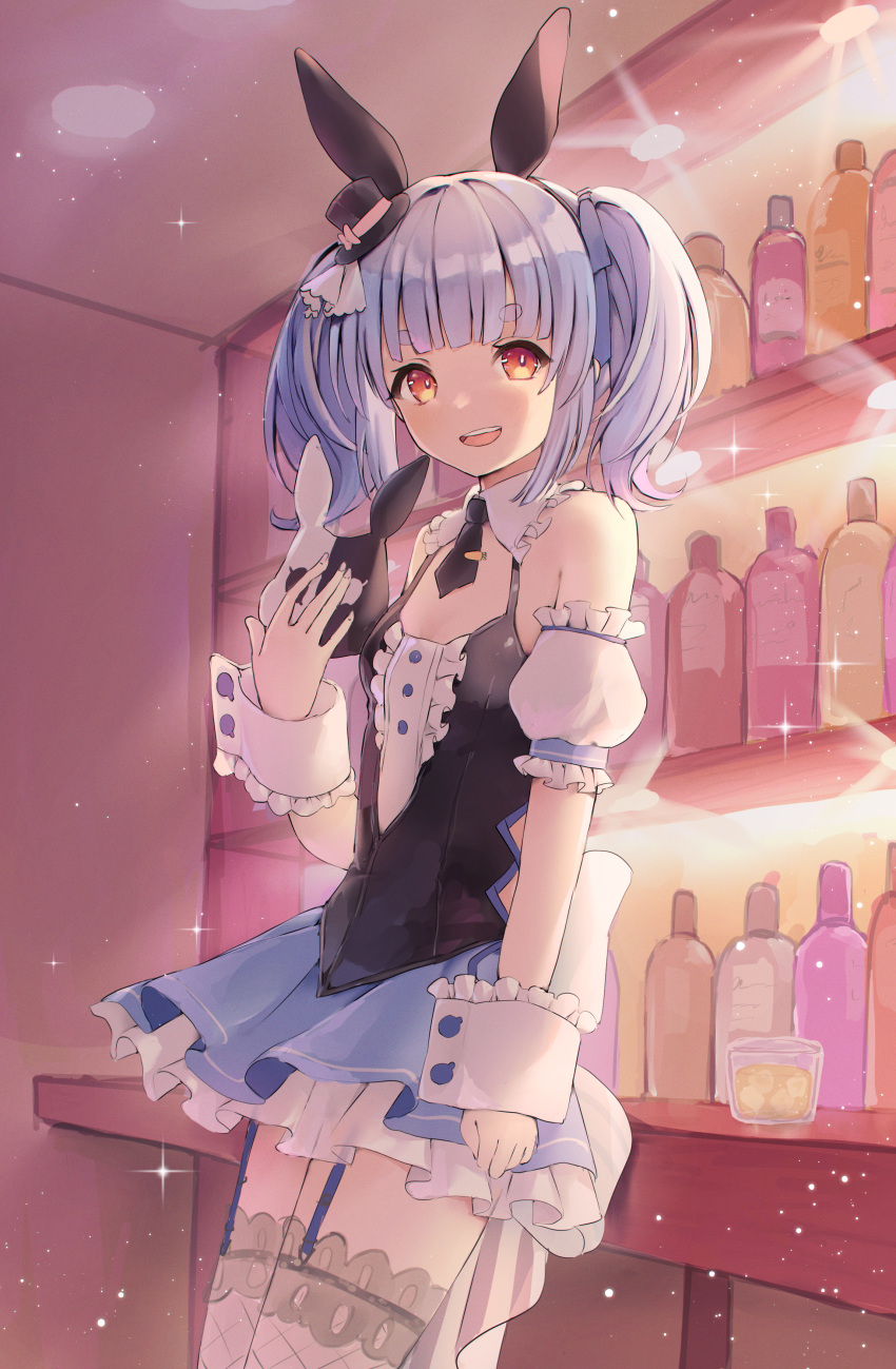 1girl, absurdres, animal_ears, black_dress, blue_hair, collar, cuffs, detached_collar