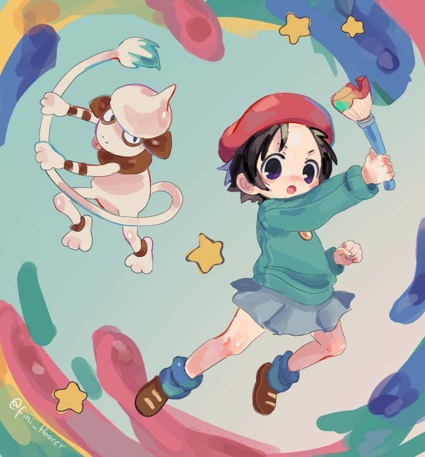 1girl, adeleine, artist_name, beret, black_hair, clenched_hand, commentary, english_commentary