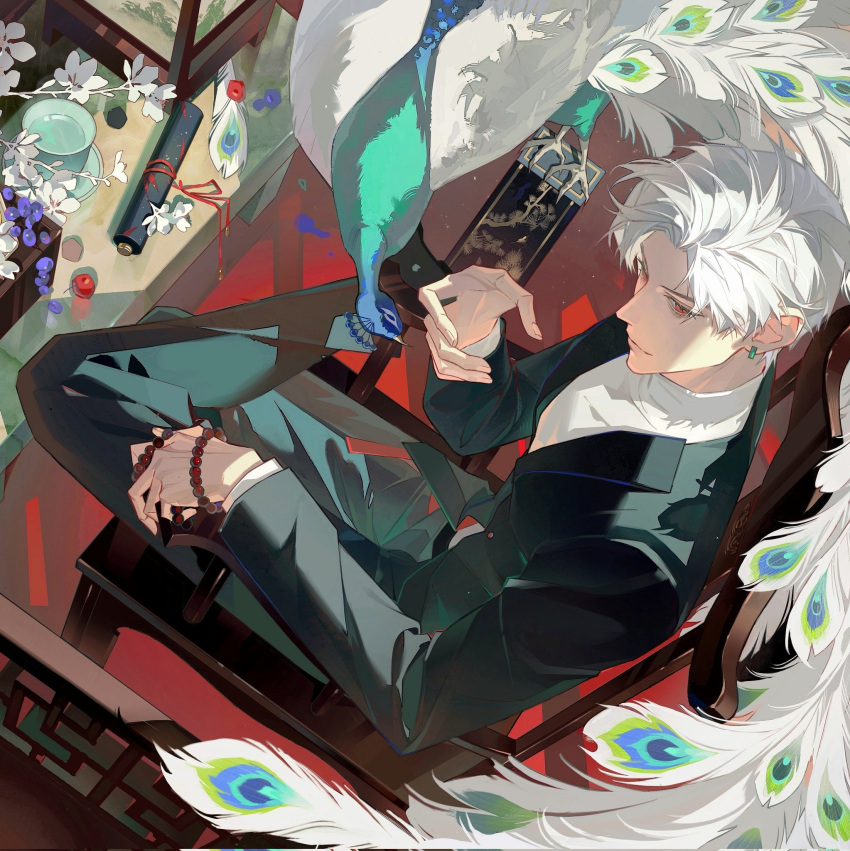 1boy, bird, black_pants, black_suit, bracelet, crossed_legs, cup, earrings