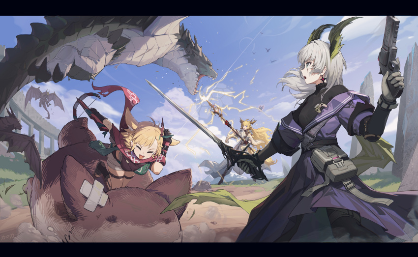 3girls, absurdres, animal_ears, arknights, battle, bird_girl, blonde_hair, blosed_eyes, blue_eyes, blue_sky, crop_top, cross, cross_earrings, crossbow, dragon, dress, earrings, gloves, grey_hair, gun, head_wings, highres, holding, holding_crossbow, holding_gun, holding_staff, holding_sword, holding_weapon, horns, irene_(arknights), irene_(the_adjudicatrix_and_her_resolve)_(arknights), jewelry, karoro, kroos_(arknights), kroos_the_keen_glint_(the_apprentice_and_her_aura)_(arknights), leizi_(arknights), leizi_(the_archivist_and_her_pilgrimage)_(arknights), multiple_girls, official_alternate_costume, pantyhose, purple_dress, rabbit_ears, rabbit_girl, rapier, red_scarf, revolver, sailor_collar, scar, scarf, shirt, simple_bird, sky, staff, sword, turtleneck, turtleneck_shirt, variant_set, weapon, white_hair, wings