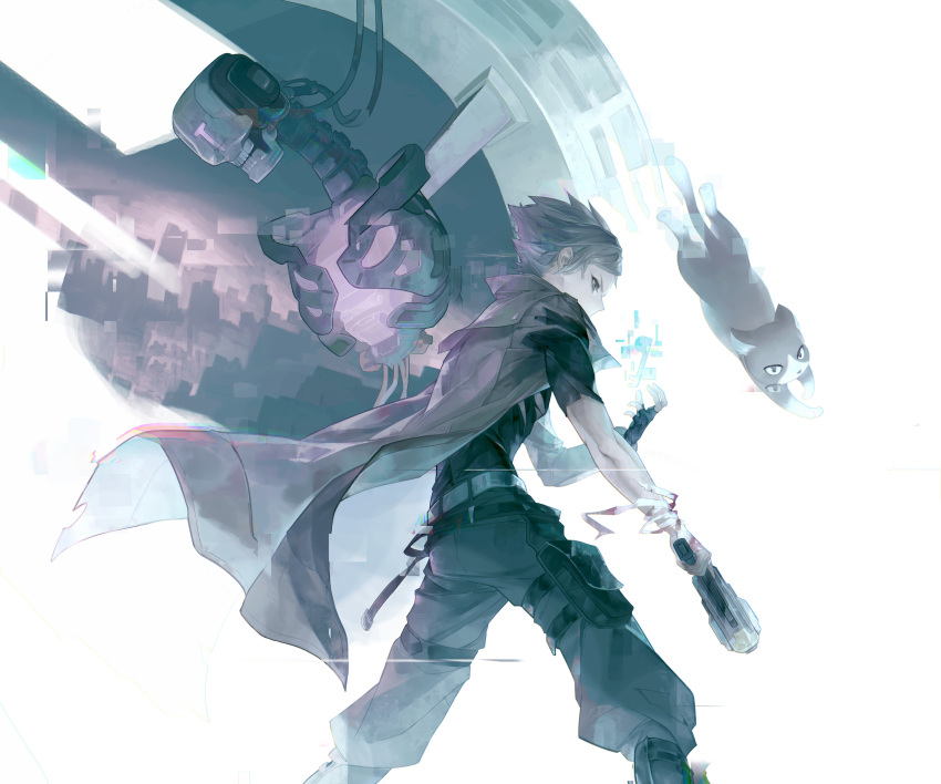 1boy, absurdres, bandaged_arm, bandages, belt, black_cat, black_hair, blood