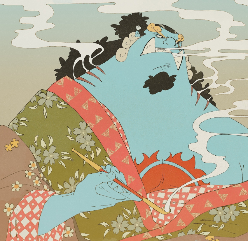 1boy, absurdres, black_hair, blue_background, blue_skin, chest_tattoo, colored_skin, commentary, curly_hair, english_commentary, facial_hair, fish_boy, floral_print_kimono, goatee, half_updo, happensweater, highres, holding, holding_smoking_pipe, japanese_clothes, jinbe_(one_piece), kimono, long_hair, looking_to_the_side, male_focus, one_piece, simple_background, smoke, smoking_pipe, solo, sun_symbol, tattoo, thick_eyebrows, tusks, upper_body