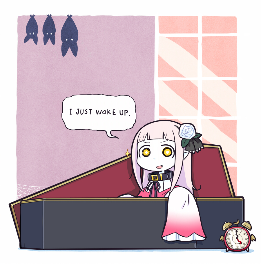 1girl, alarm_clock, bat_(animal), belt_buckle, belt_collar, black_collar, black_ribbon, bright_pupils