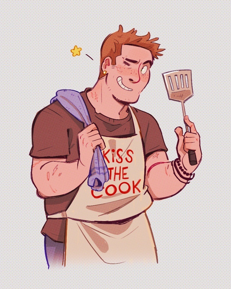 1boy, apron, bracelet, brown_hair, cropped_legs, dean_winchester, earrings, eyebrow_cut, freckles, green_eyes, holding, holding_spatula, jewelry, kiss_the_cook, male_focus, mature_male, one_eye_closed, redwing, scar, scar_on_arm, scar_on_neck, short_hair, smile, solo, sparse_stubble, spatula, supernatural_(tv_series), towel, towel_around_neck