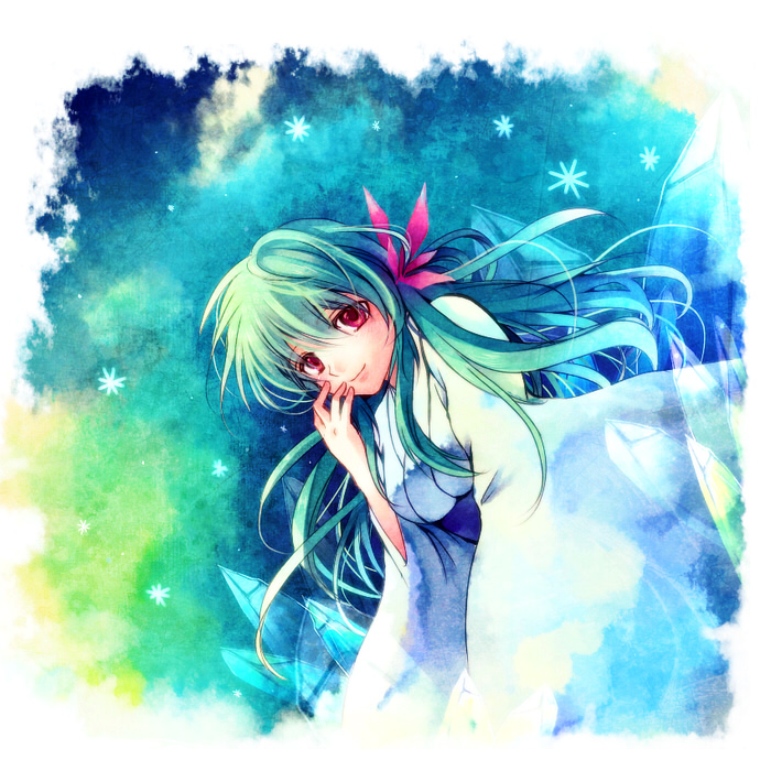 female, green_hair, ice, japanese_clothes, kimono, koto_(sss), long_hair, red_eyes