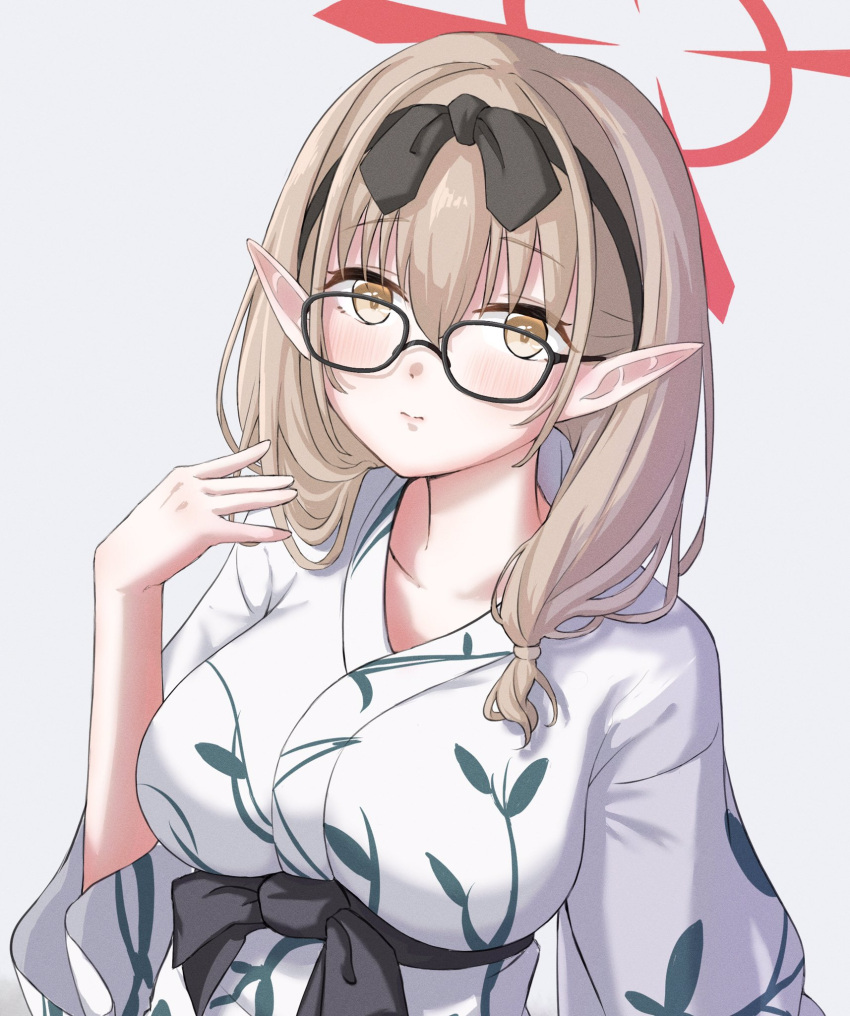 1girl, \||/, black-framed_eyewear, black_bow, black_hairband, blue_archive, blush, bow