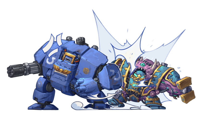 2others, absurdres, anger_vein, chaos_(warhammer), dreadnought_(warhammer_40k), extra_eyes, heavy_bolter, highres, imperium_of_man, mecha, multiple_others, no_humans, punching, robot, rotary_cannon, thousand_sons, ultramarines, walker_(robot), warhammer_40k, warhammer_40k:_space_marine, white_background, yixu_damengde