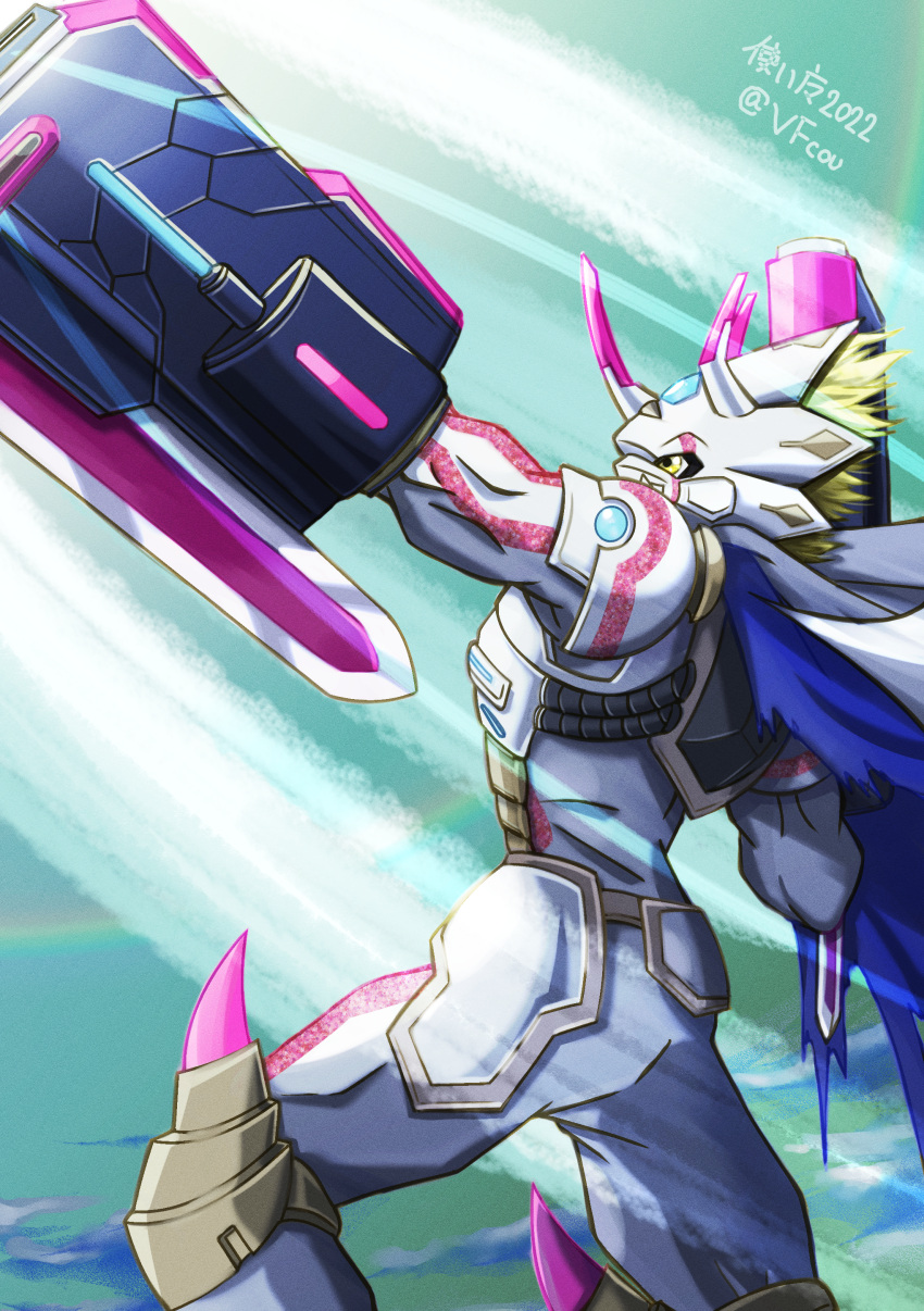 1boy, absurdres, aiming_up, arm_blade, arm_cannon, arm_up, armor, blonde_hair