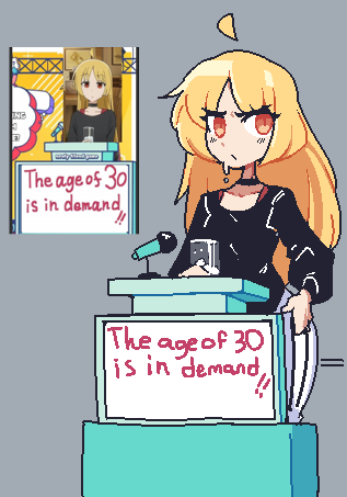 1girl, black_choker, black_shirt, blonde_hair, bocchi_the_rock!, choker, collarbone, gountro, grey_background, ijichi_seika, long_sleeves, lowres, microphone, orange_eyes, pants, shirt, simple_background, solo, striped_clothes, striped_pants, vertical-striped_clothes, vertical-striped_pants
