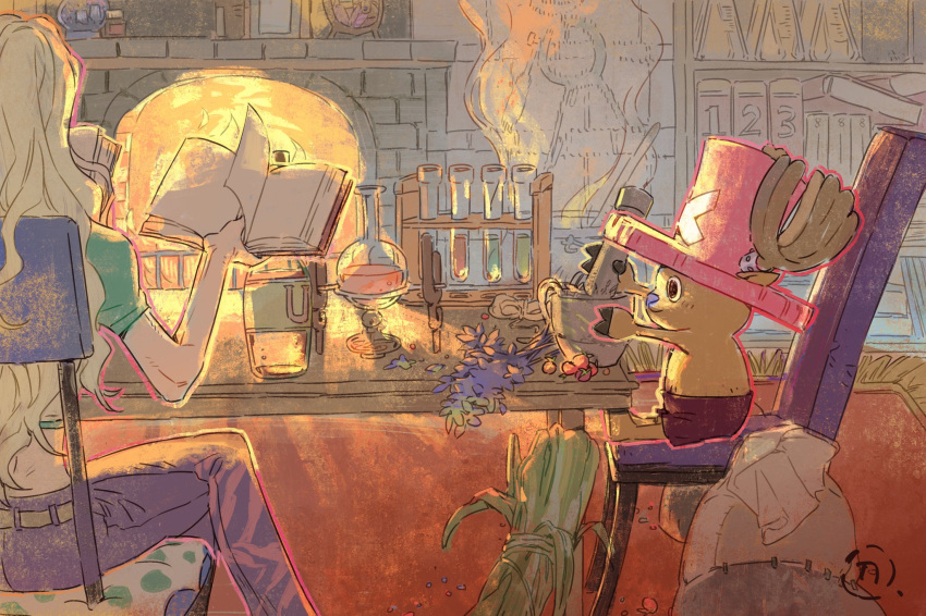 1boy, 1girl, antlers, blue_nose, book, bottle, crop_top, dr._kureha