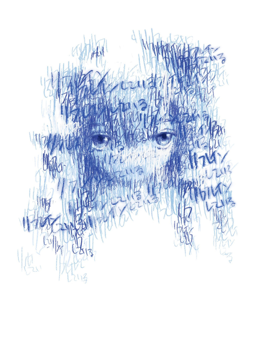 1girl, blue_theme, faaaaaaaok_(yfffaaa), highres, long_hair, looking_at_viewer, monochrome, original