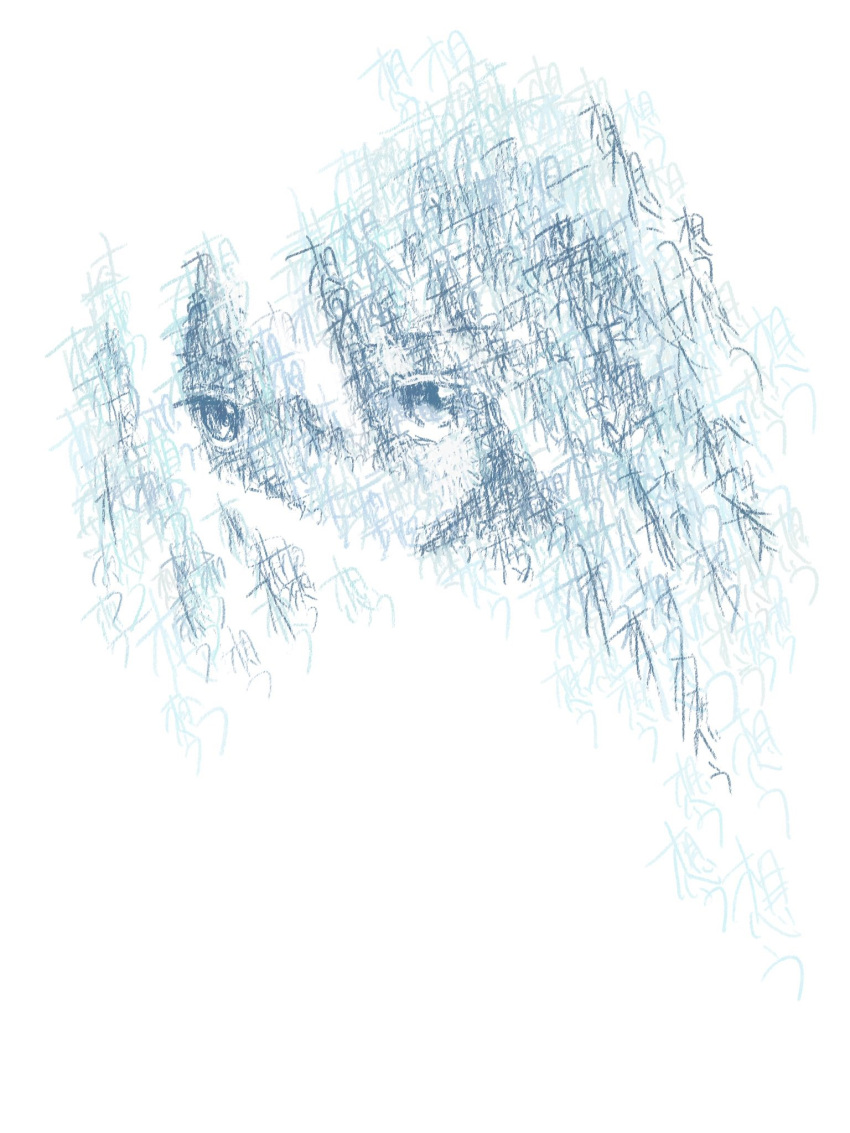 1girl, blue_theme, faaaaaaaok_(yfffaaa), hair_between_eyes, highres, long_hair, looking_at_viewer, monochrome