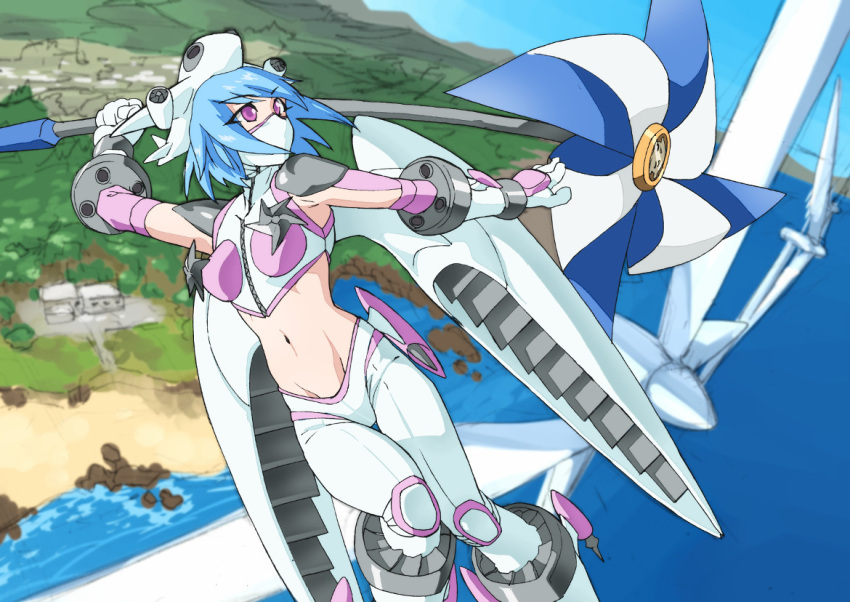 1girl, airplane_hair_ornament, arms_up, beach, blue_hair, boots, breasts, crop_top