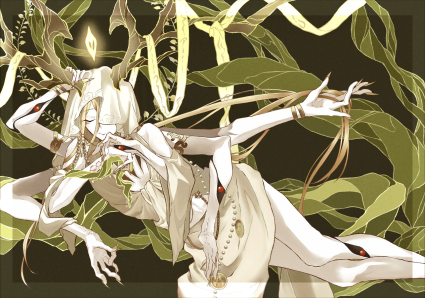 1other, abuy_12, bandages_over_clothes, blonde_hair, bracelet, colored_skin, extra_arms, gold_collar, gold_nails, green_background, hand_eye, highres, honkai:_star_rail, honkai_(series), jewelry, solo, tree_horns, veil_over_one_eye, white_skin, white_veil, yaoshi_(honkai:_star_rail)