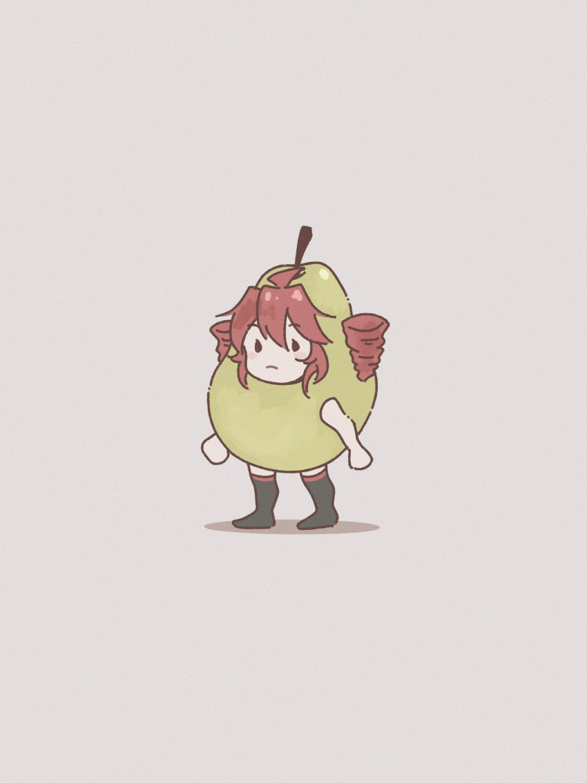 1girl, ahoge, black_socks, blush, chibi, chibi_only, closed_mouth, costume, double-parted_bangs, drill_hair, food, fruit, fruit_costume, full_body, grey_background, hair_between_eyes, highres, kasane_teto, kneehighs, no_fingers, ontama_carbonara, pear, pearto, redhead, shadow, simple_background, socks, solid_eyes, solid_oval_eyes, solo, twin_drills, utau