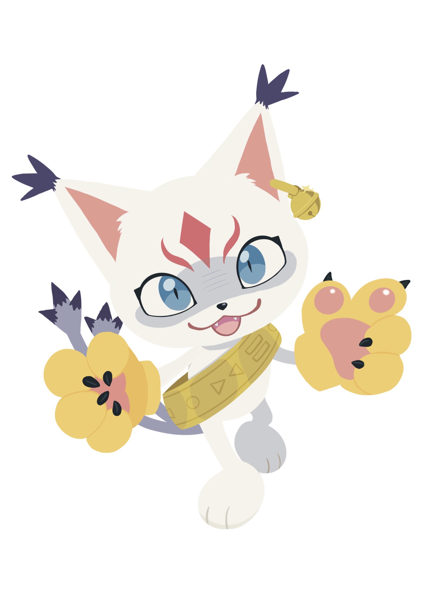 :3, animal_ear_piercing, animal_ears, animal_hands, animal_nose, bell, bell_piercing, blue_eyes, cat_ears, cat_paws, claws, creature_focus, digimoji, digimon, digimon_(creature), donutprty, facial_mark, fangs, forehead_mark, full_body, gloves, highres, holy_ring, jingle_bell, looking_at_viewer, multiple_tails, open_mouth, paw_gloves, sash, shoulder_sash, simple_background, slit_pupils, smile, standing, tail, tailmon_x-antibody, two_tails, white_background, white_fur, yellow_gloves
