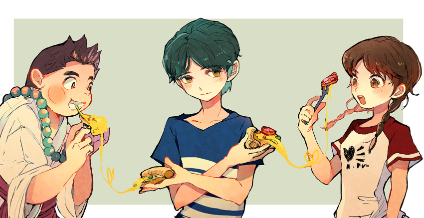 1girl, 2boys, amano_natsume, arihoshi_akinori, blue_hair, blue_shirt, braid, brown_eyes