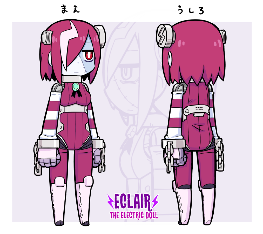 1girl, bodysuit, breasts, bright_pupils, character_name, closed_mouth, collar, commentary_request, cuffs, detached_sleeves, eclair_(eno_(abekawa_hikozaemon_x)), eno_(abekawa_hikozaemon_x), expressionless, full_body, gem, green_gemstone, hair_over_one_eye, joints, long_sleeves, mechanical_hands, metal_collar, multicolored_hair, multiple_views, object_through_head, one_eye_covered, original, pink_bodysuit, pink_footwear, pink_hair, red_eyes, robot_joints, screw_in_head, shackles, short_hair, sleeveless, sleeveless_bodysuit, standing, stitched_face, stitches, streaked_hair, striped_sleeves, white_hair, white_pupils, zoom_layer