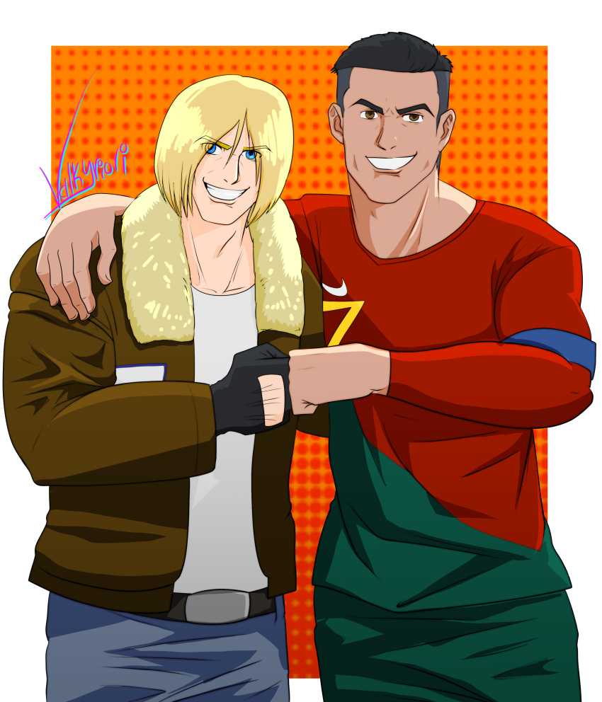 absurdres, belt, black_hair, blonde_hair, blue_eyes, brown_eyes, brown_jacket, cristiano_ronaldo