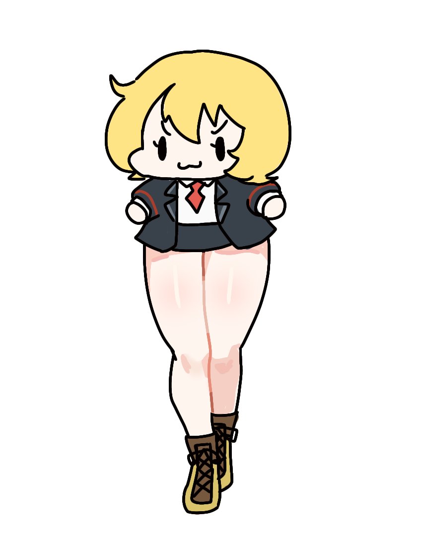 1girl, :3, black_coat, black_eyes, black_pants, blonde_hair, boots, brown_footwear