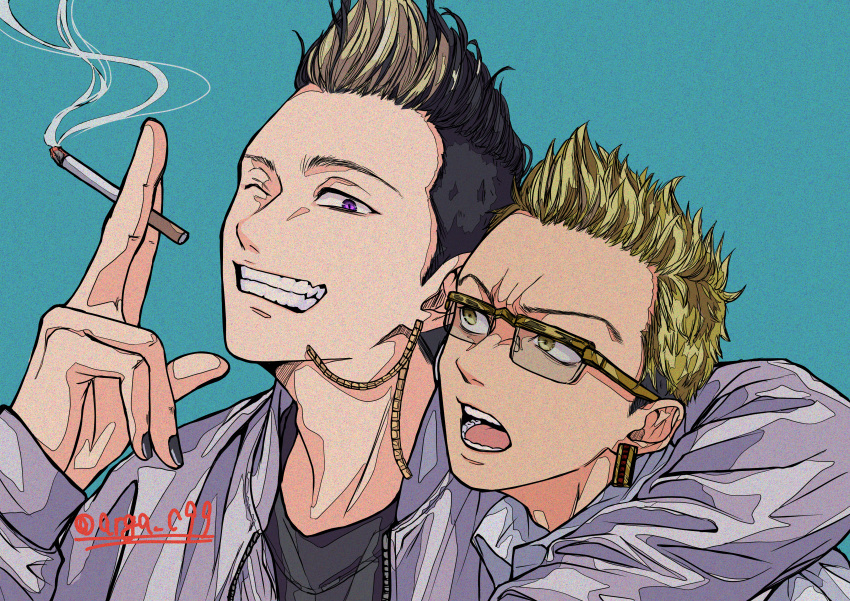 2boys, absurdres, arm_around_shoulder, artist_name, black_hair, black_nails, black_shirt, blonde_hair