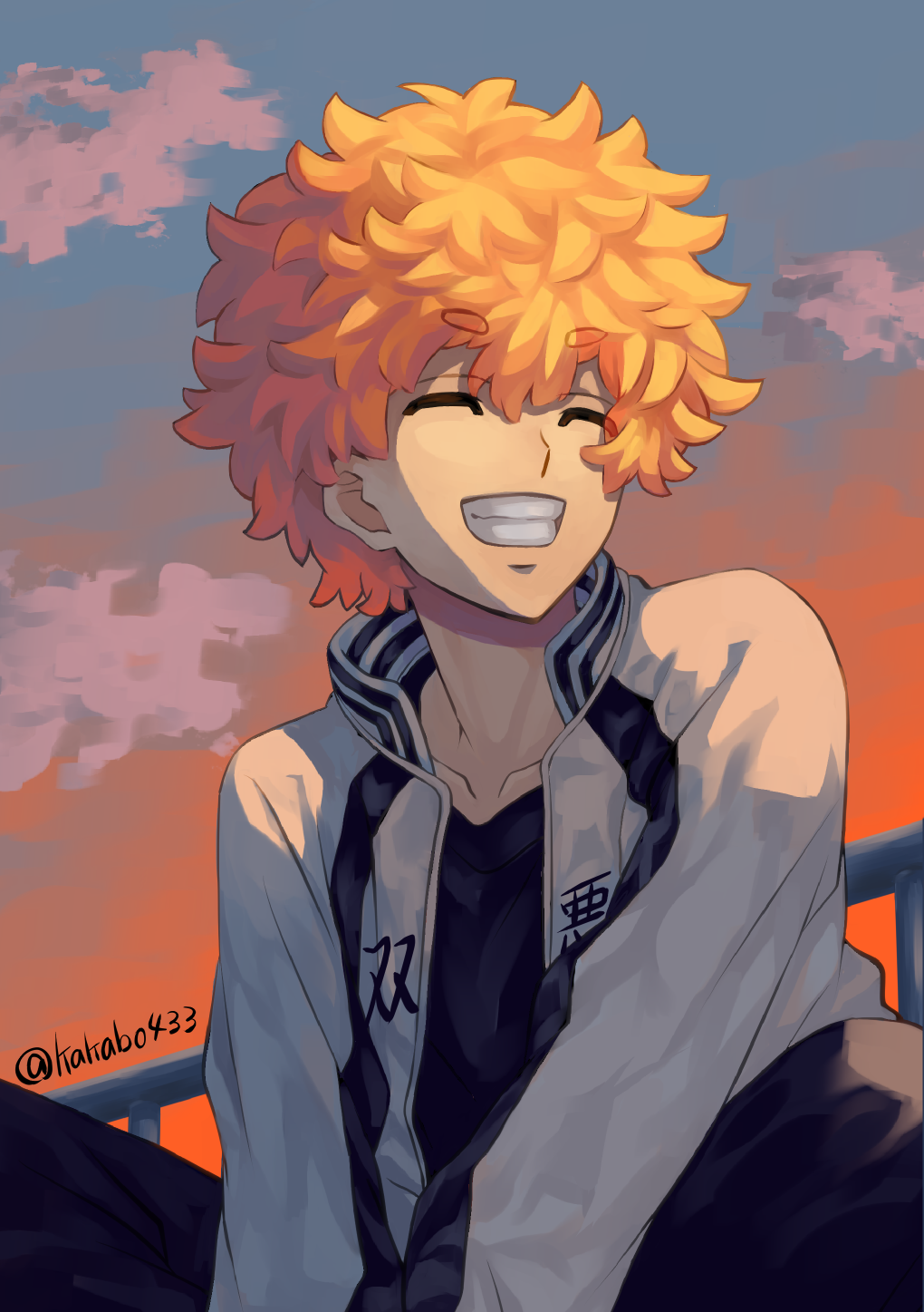 1boy, ^_^, artist_name, black_jacket, black_pants, black_shirt, closed_eyes, clouds