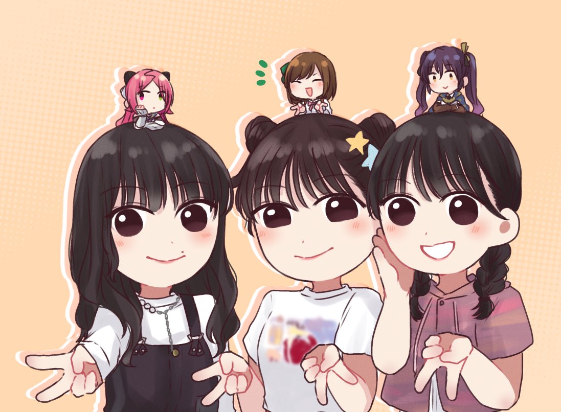 6+girls, :d, ^_^, actor, actor_connection, assault_lily, black_dress, black_hair