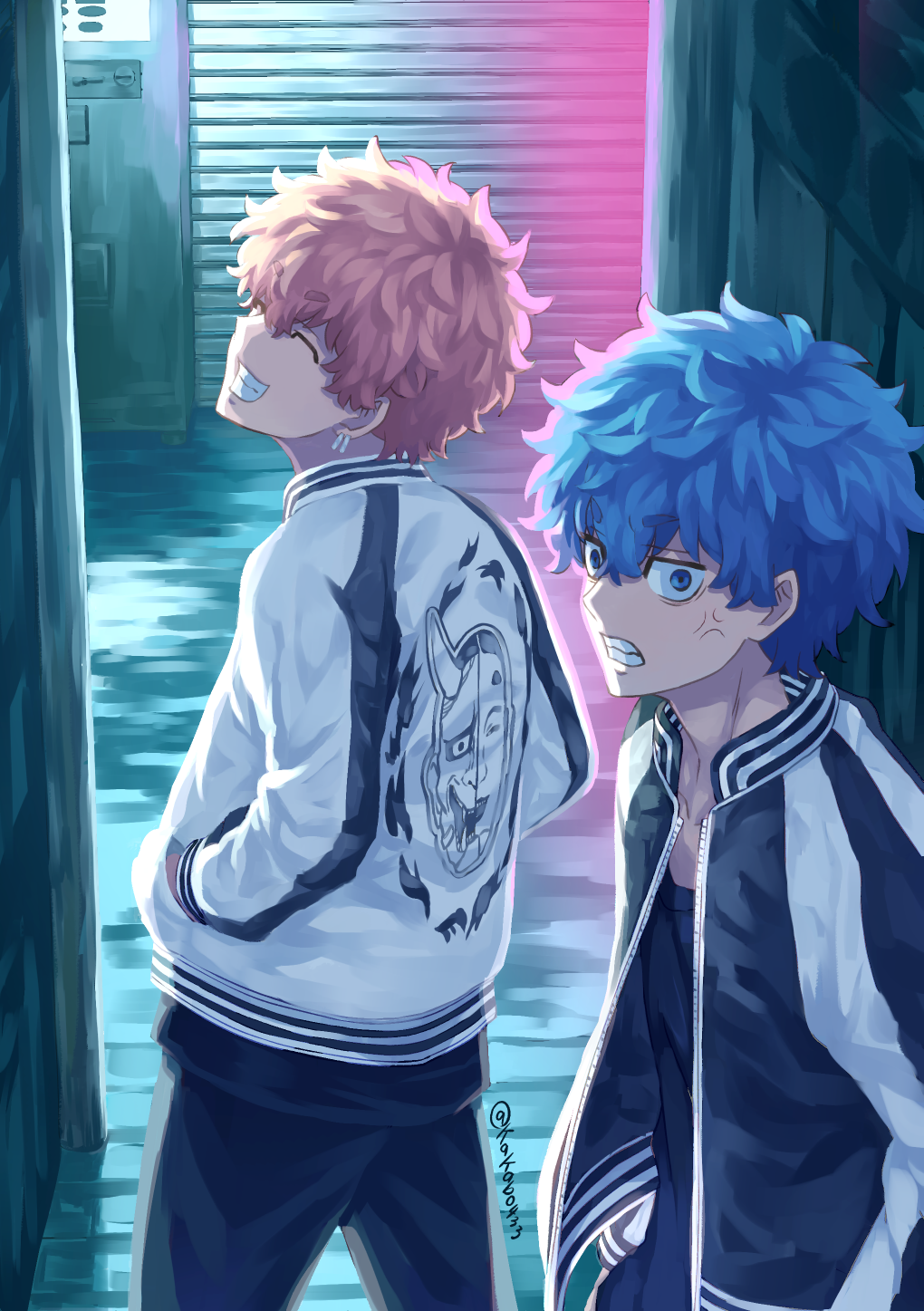 2boys, ^_^, alley, anger_vein, artist_name, black_jacket, black_pants, black_shirt