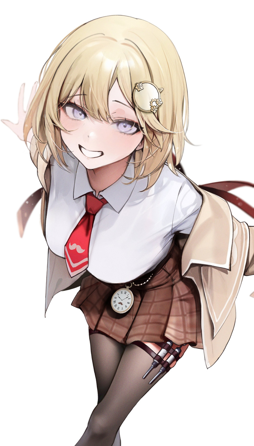 1girl, absurdres, arms_behind_back, blonde_hair, blue_eyes, breasts, brown_jacket, collared_shirt