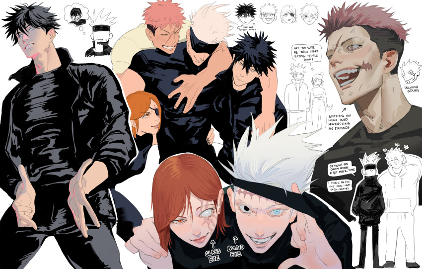 1girl, 3boys, absurdres, black_blindfold, black_hair, black_jacket, black_pants, black_shirt