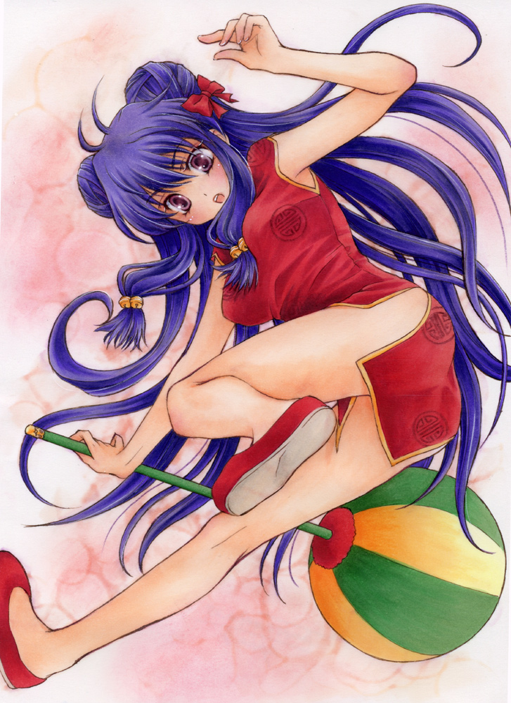 blue_hair, china_dress, chinese_clothes, chui, double_bun, legs, long_hair, no_socks