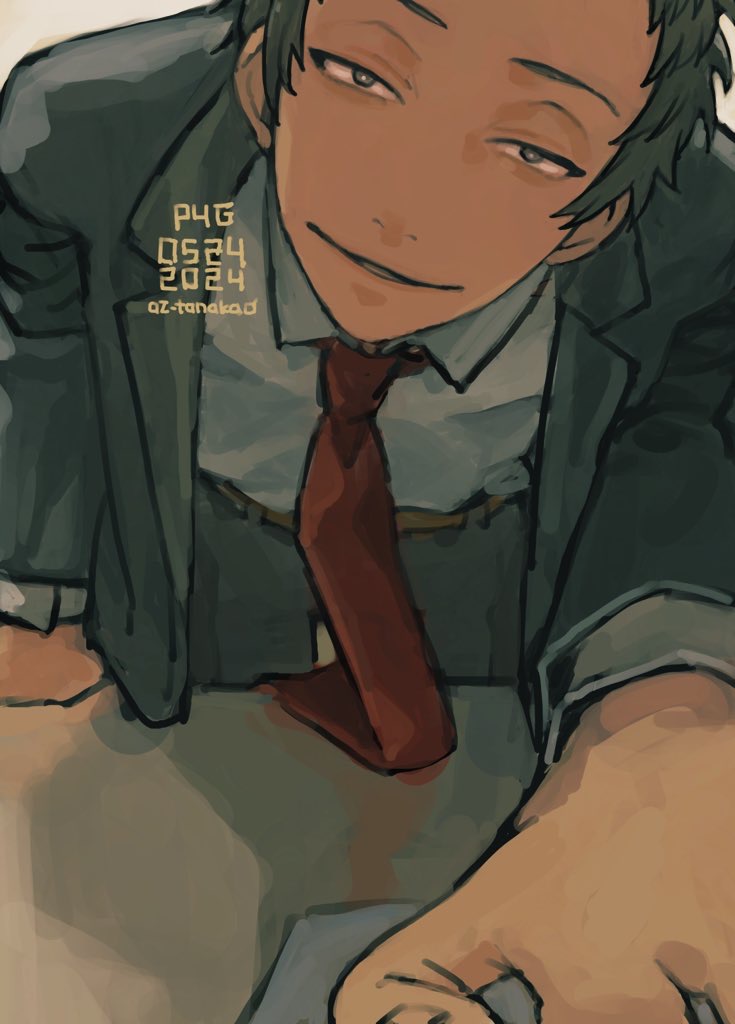 1boy, 2024, adachi_tooru, bright_pupils, brown_hair, commentary_request, creepy_eyes, dated, grey_jacket, half-closed_eyes, hotaru1012, jacket, male_focus, necktie, persona, persona_4, pov, procreate_(medium), red_necktie, short_hair, smile, solo, white_pupils