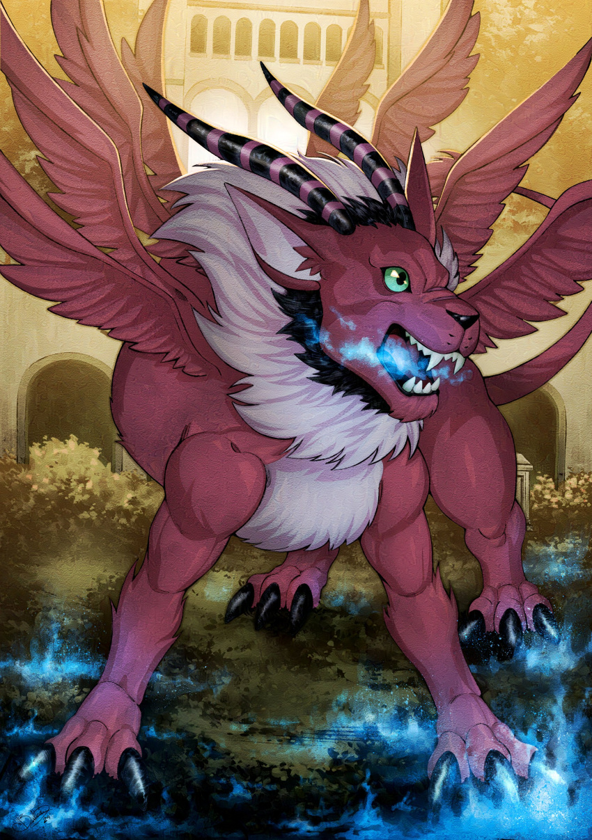 absurdres, angel_wings, baltarbd, blue_fire, breath_weapon, breathing_fire, claws, creature_focus