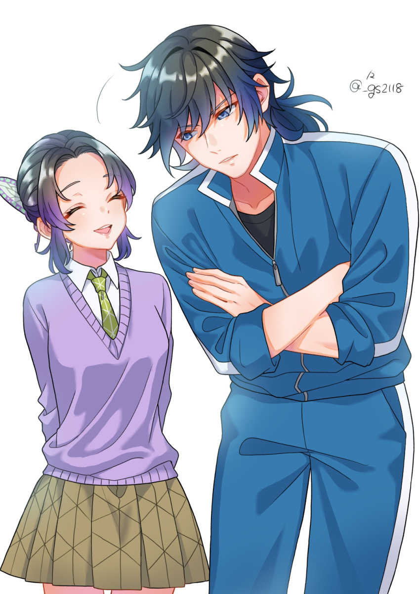 1boy, 1girl, black_hair, black_shirt, blue_eyes, blue_jacket, blue_pants, breasts