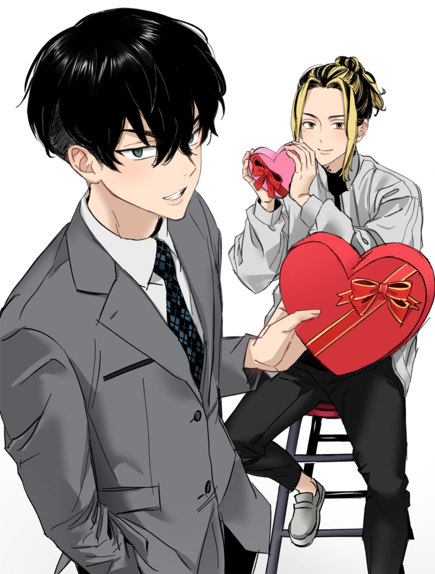 2boys, absurdres, akarui_0, argyle_clothes, argyle_necktie, black_hair, black_necktie, black_pants