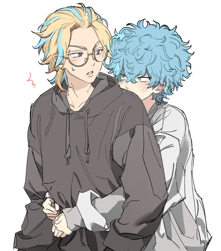 2boys, ^^^, absurdres, akarui_0, anger_vein, blonde_hair, blue_eyes, blue_hair