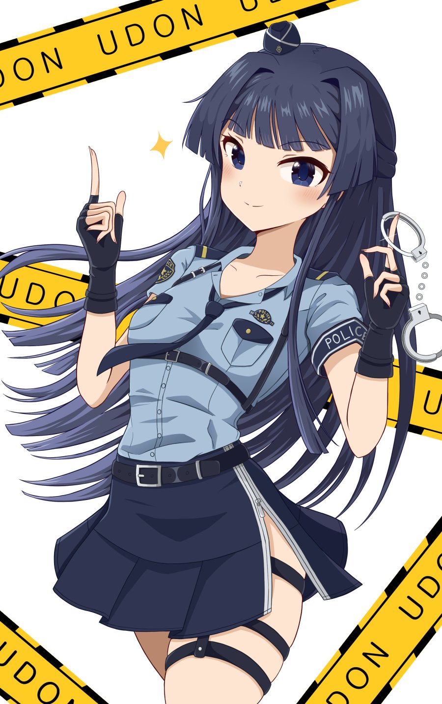 1girl, alternate_costume, belt, belt_buckle, black_belt, black_gloves, black_hair, blue_eyes
