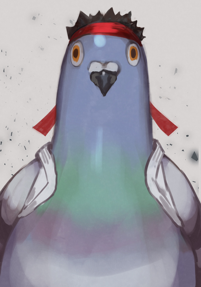 1boy, animalization, bird, black_hair, dougi, grey_background, grey_bird, hankuri, headband, looking_at_viewer, orange_eyes, pigeon, red_headband, ryu_(street_fighter), short_hair, solo, spiky_hair, straight-on, street_fighter, super_smash_bros., upper_body