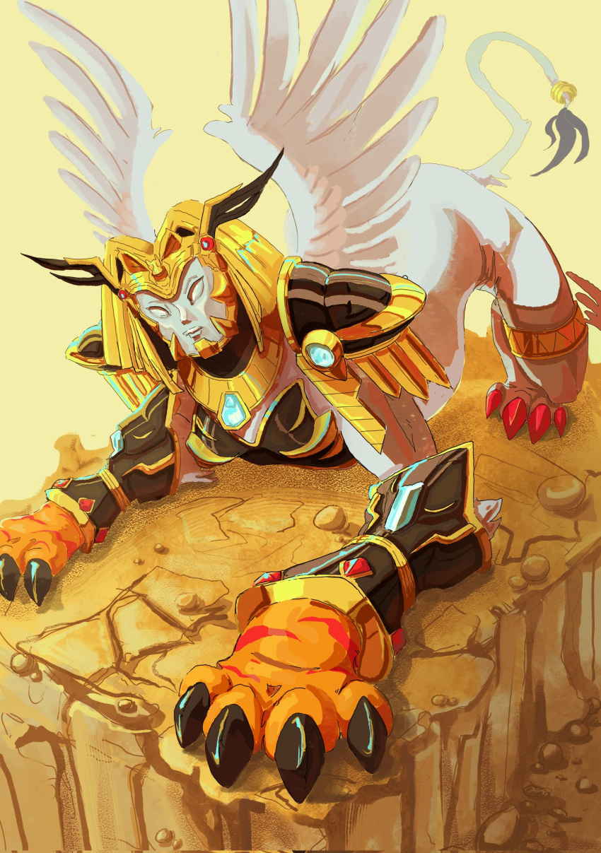 1girl, armor, black_armor, blue_gemstone, breastplate, camilla76260411, claws, digimon, digimon_(creature), expressionless, facing_viewer, feathered_wings, gem, gold, gold_armor, gold_thighlet, gold_trim, highres, holy_ring, jewelry, mask, nefertimon_x-antibody, pauldrons, red_gemstone, shoulder_armor, sphinx, thighlet, white_fur, white_wings, wings