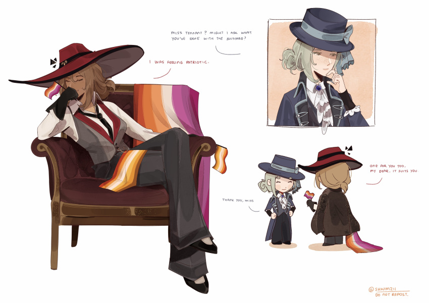 2girls, ?, absurdres, ascot, black_gloves, black_necktie, black_pants, blue_brooch