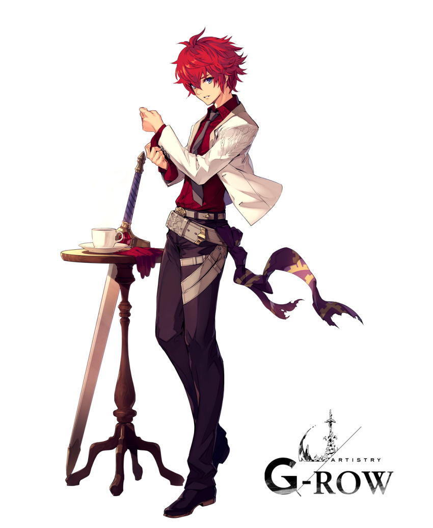 1boy, belt, black_footwear, blue_eyes, buckle, commentary_request, cup, dare_ga_tame_no_alchemist
