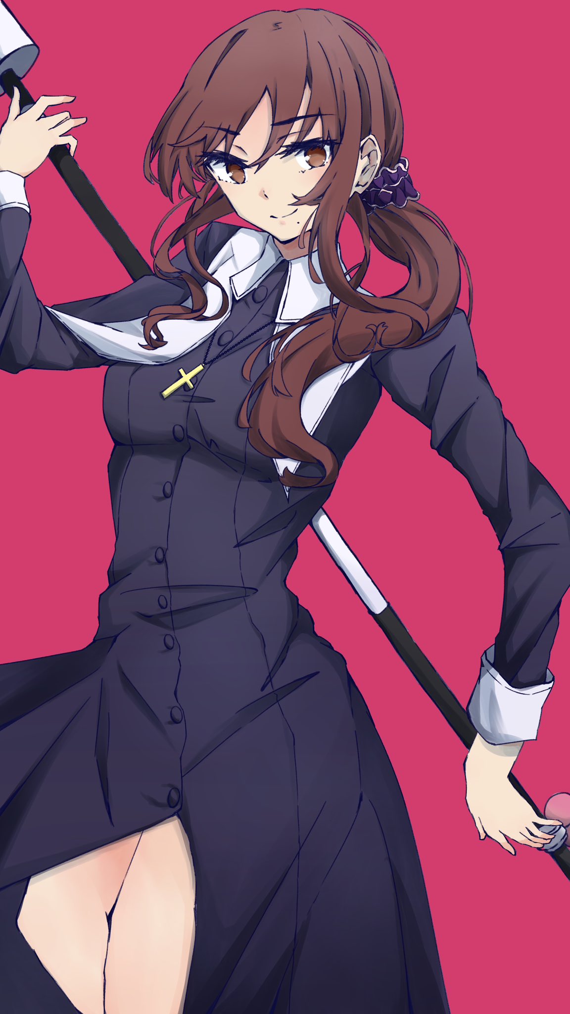 1girl, black_dress, black_sleeves, breasts, brown_eyes, brown_hair, buttons, collar