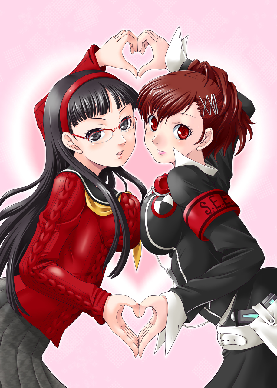 amagi_yukiko, black_eyes, black_hair, breast_press, breasts, brown_hair, female_protagonist_(persona_3), glasses