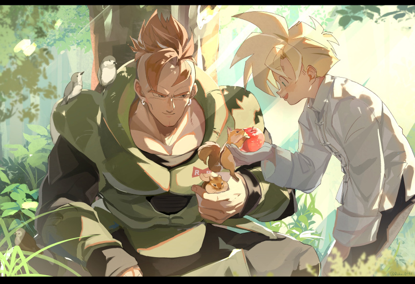 2boys, absurdres, android_16, apple, armor, bent_over, blonde_hair, chinese_clothes