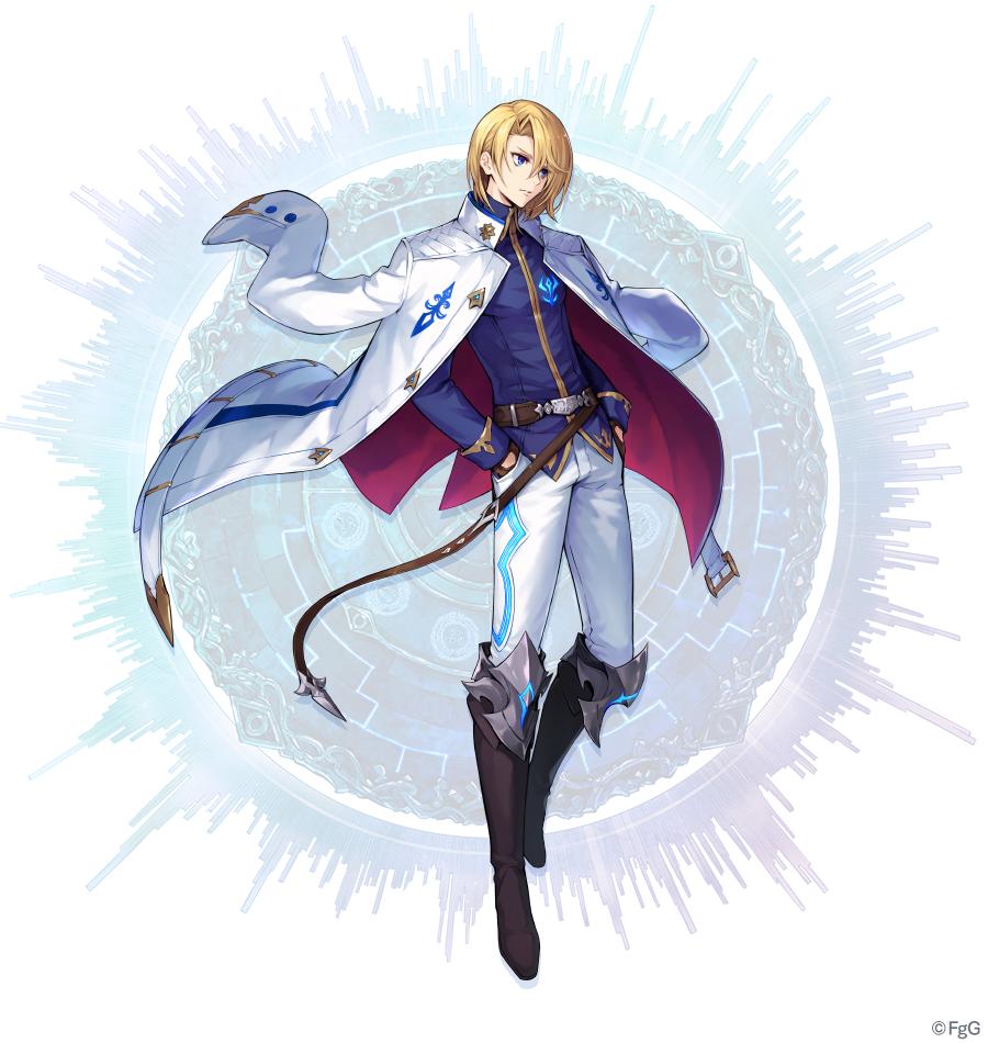 1boy, an_torataro, belt, black_footwear, blonde_hair, blue_eyes, blue_shirt, boots