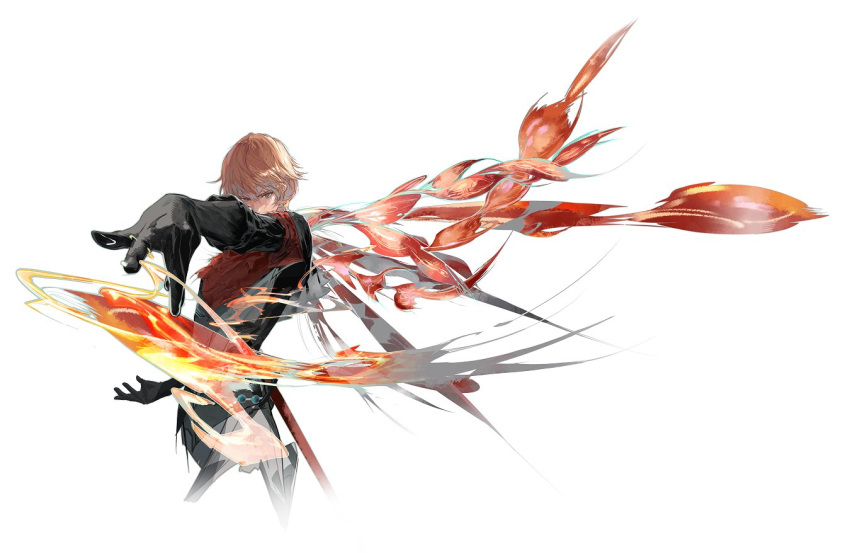 1boy, black_gloves, black_shirt, blonde_hair, cofffee, cowboy_shot, fighting_stance, final_fantasy