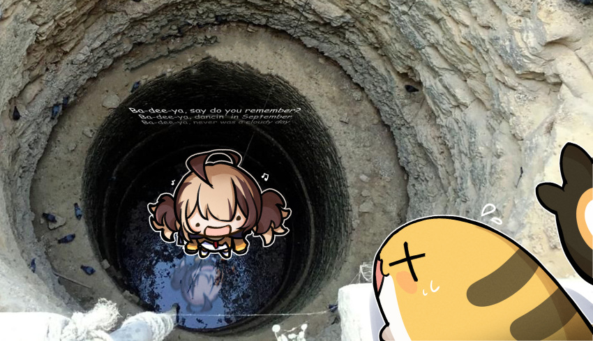 1girl, ahoge, beamed_eighth_notes, blush_stickers, brown_hair, chibi, commentary, eighth_note
