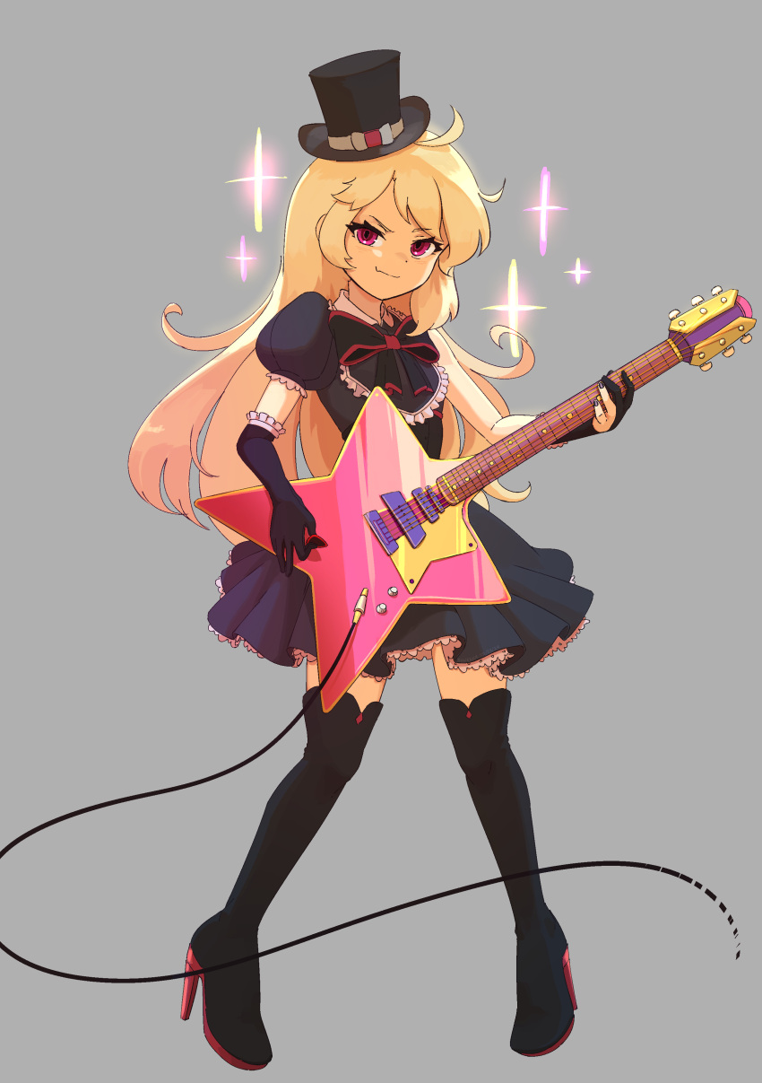 1girl, absurdres, adapted_costume, black_footwear, black_gloves, black_hat, blonde_hair, boots