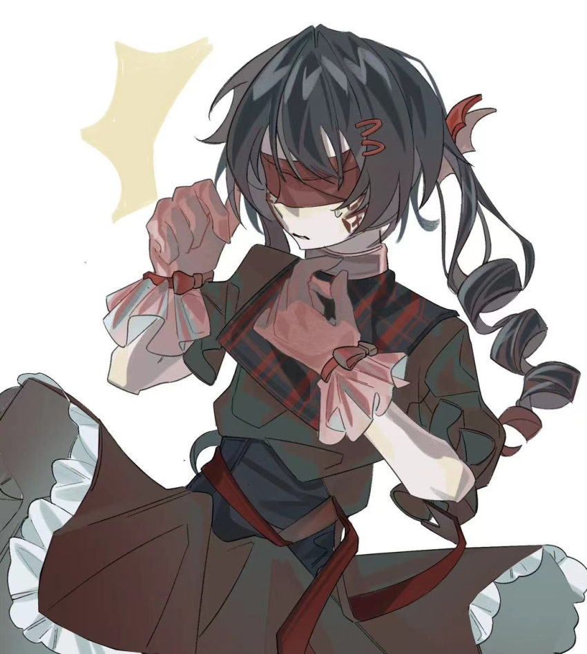 1girl, ^^^, black_corset, black_dress, black_hair, blindfold, bow, chinese_commentary, commentary_request, corset, cowboy_shot, dress, drill_hair, frilled_dress, frilled_gloves, frills, fu_shen, genderswap, genderswap_(mtf), glove_bow, gloves, hair_ornament, hairclip, highres, puffy_short_sleeves, puffy_sleeves, red_blindfold, red_bow, short_sleeves, simple_background, solo, sweat, touqi_guaitan, twin_drills, white_background, white_gloves, xi665522